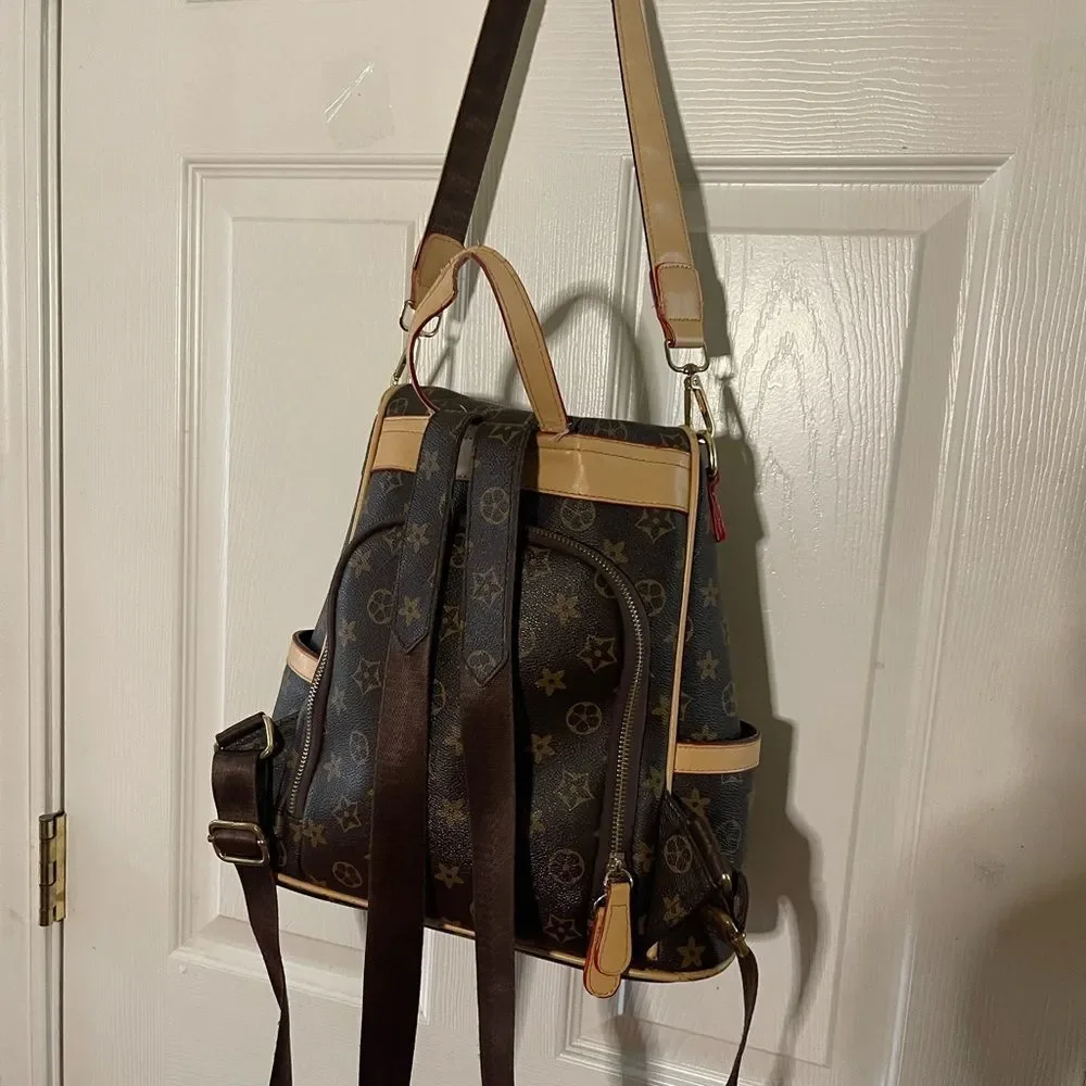 Stylish Synthetic Brown & Gold Backpack / Shoulder bag tan trim Accents